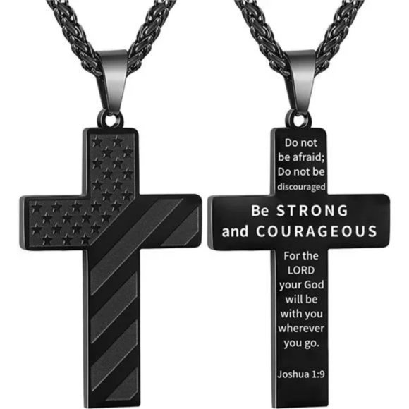 Cross Necklace Bible Verse Stainless Steel American Flag Pendant Chain Necklace - Picture 1 of 7